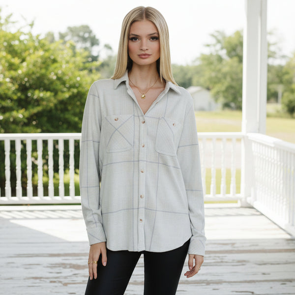 Light Tan & Gray Plaid Button Up S-XL