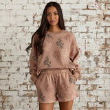 Brown Western Print Sweatshirt & Shorts Set S-XL