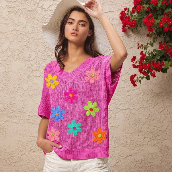 Hot Pink Retro Daisy Sweater S-XL